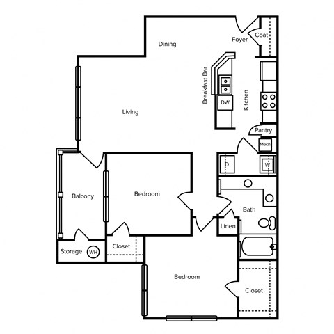 Floor plan for 2 beds, 1 bath, 1046 sqft